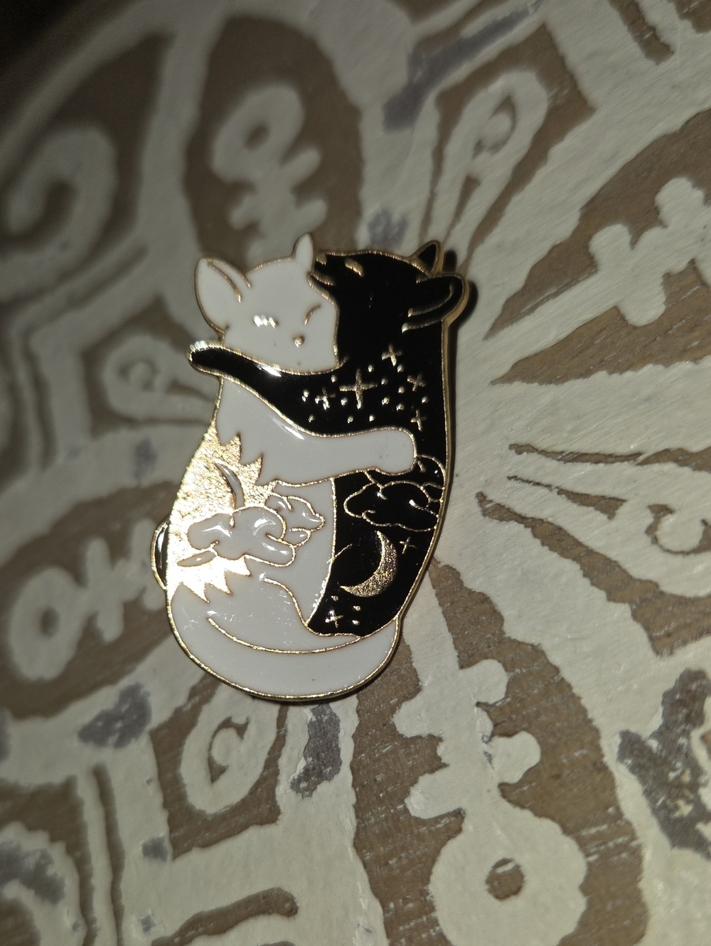 Yin Yang Cat Enamel Pin - Black & White with Gold Details